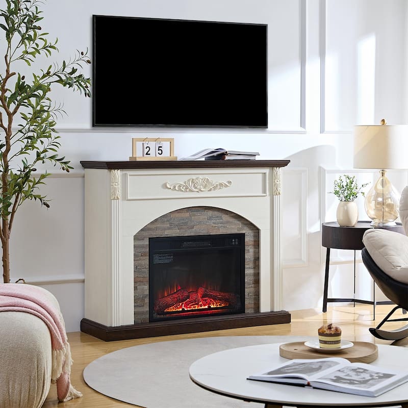 78 inch Electric Fireplace Mantel Fireplace TV Stand Entertainment Center with 30 inch Fireplace Insert Heater and Storage - White