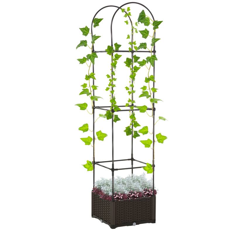 Outdoor 2-in-1 Self-Watering Raised Garden Planter Box with Trellis - Brown