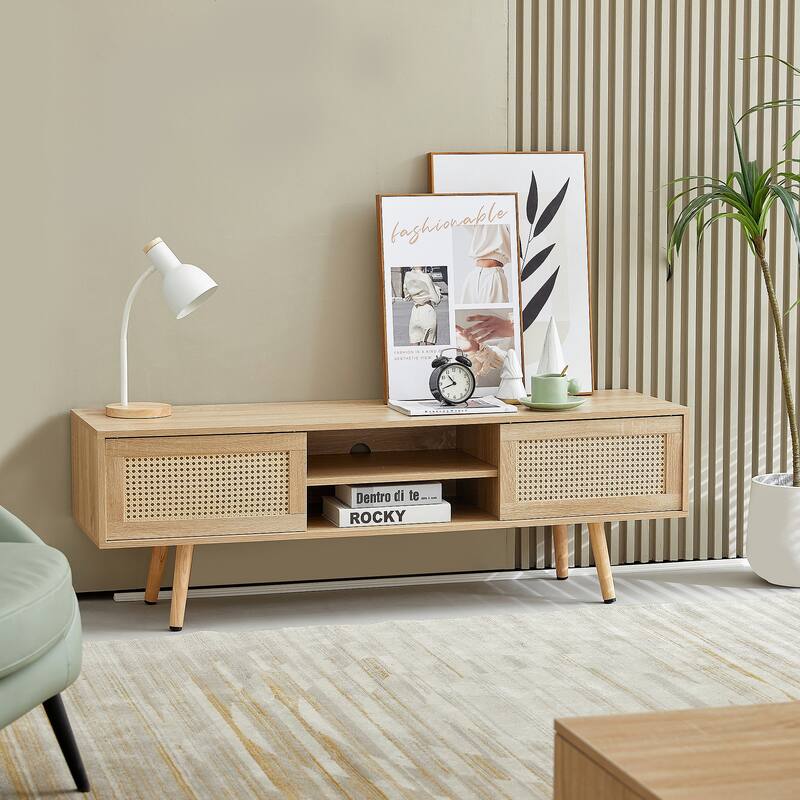 55.12" Rattan TV cabinet, double sliding doors for storage, adjustable shelf, TV console