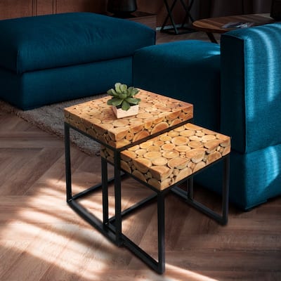 Chic Teak Rustic Teak Wood Nesting Side Tables - Set of 2
