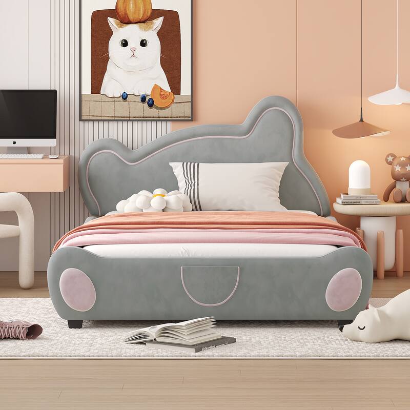 Charming Bear Headboard Velvet Platform Bed with Bed-End Storage Pockets for Kids Bedroom - Grey-Full - Full