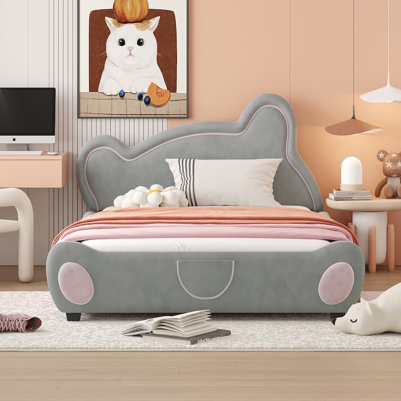 Full Size Velvet Platform Bed with Bear Headboard and Storage Pocket - Gray - Full