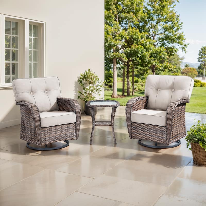 TWrap Brown Wicker Patio 3-Piece Swivel Gliders Conversation Set with 5-Inch Thick Cushions