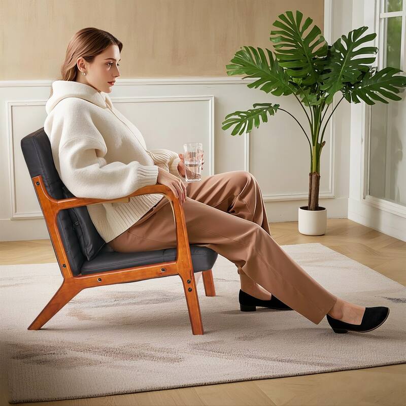 Modern Accent Chair with High Back, PU Leather Reading Armchair with Waist Cushion, Upholstered Wood Frame Living Room Chairs