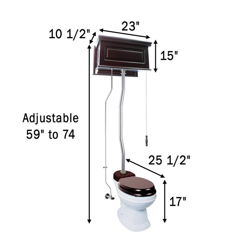 High Tank Toilet - Dark Oak Wooden Raised Tank, Round White Bowl and Satin Plated Z Pipes Renovators Supply - White