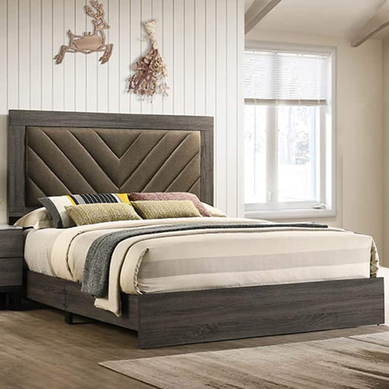 Wooden Eastern King Bed with High Upholstered Headboard