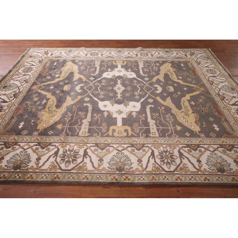 All-Over Gray & Ivory Oushak Indian Area Rug Handmade Wool Carpet - 8'1" x 9'9"