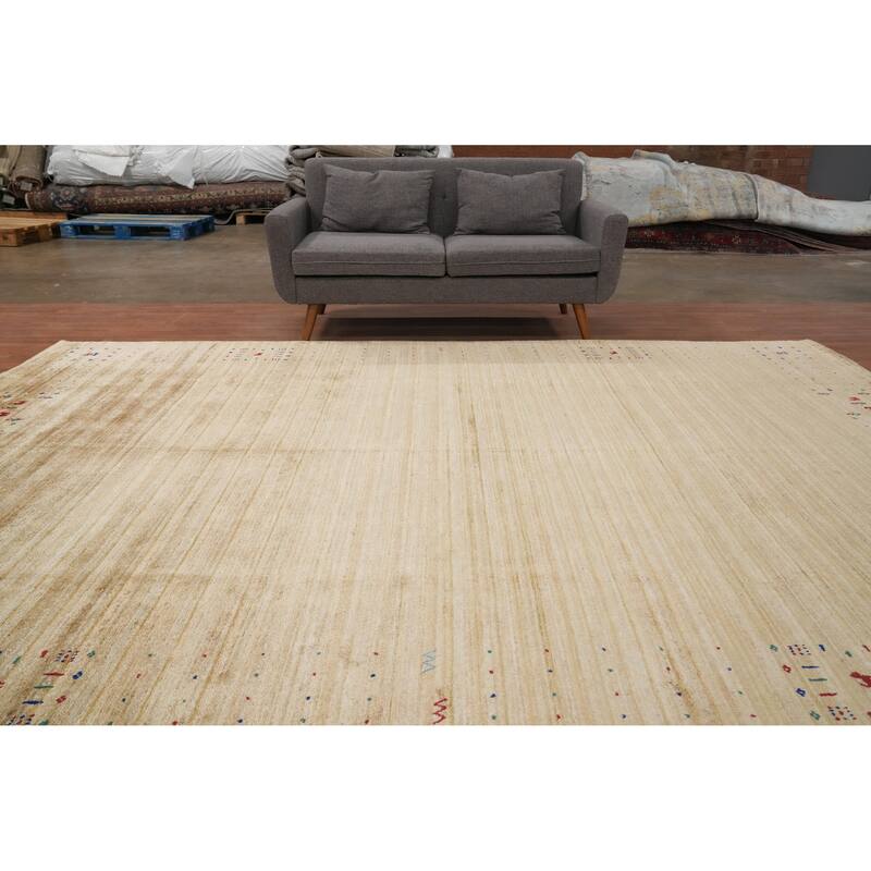 Hand Knotted Oriental Viscose Silk Carpet Tribal Animal Pictorial Yellow & Gold Gabbeh Area Rug - 11' 11'' X 8' 11''
