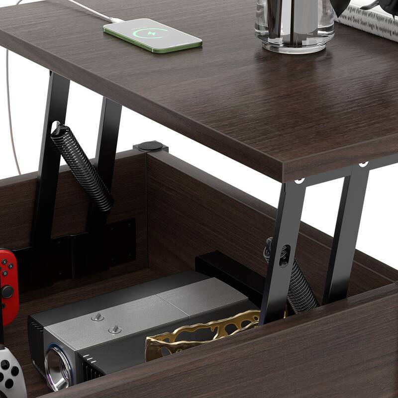 Modern Farmhouse Lift Top Coffee Table with USB Port and LED light, Living Room Accent Table