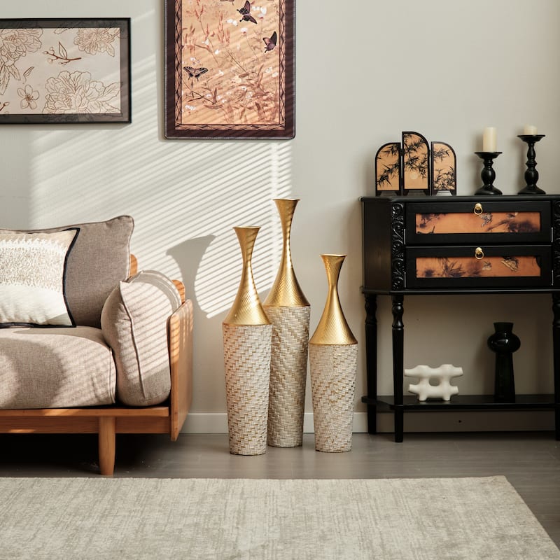 Floor metal vase modern decoration home woven pattern metal vase 3-piece set gorgeous home decoration large glazed metal vase