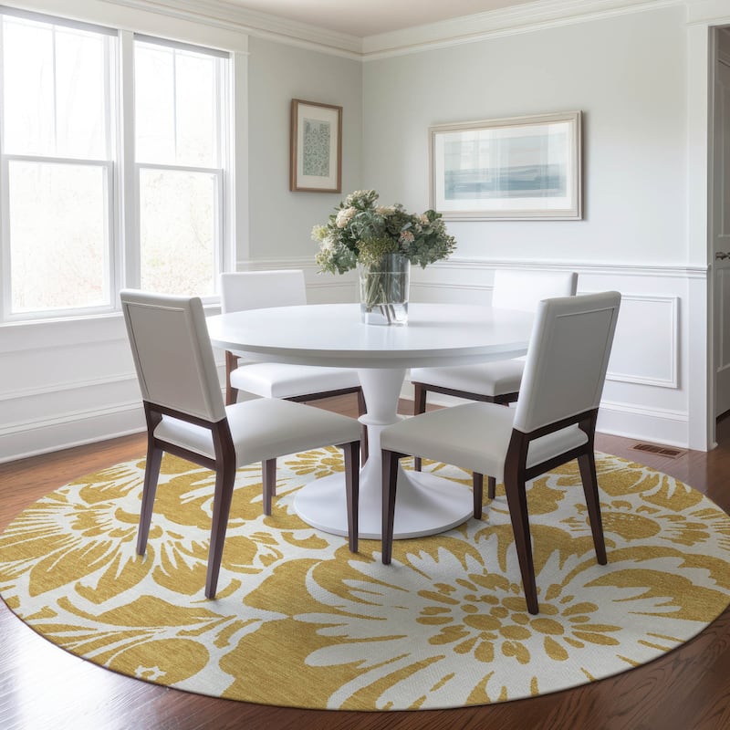 Machine Washable Indoor/ Outdoor Whimsy Floral Chantille Rug - Gold - 8' x 8'