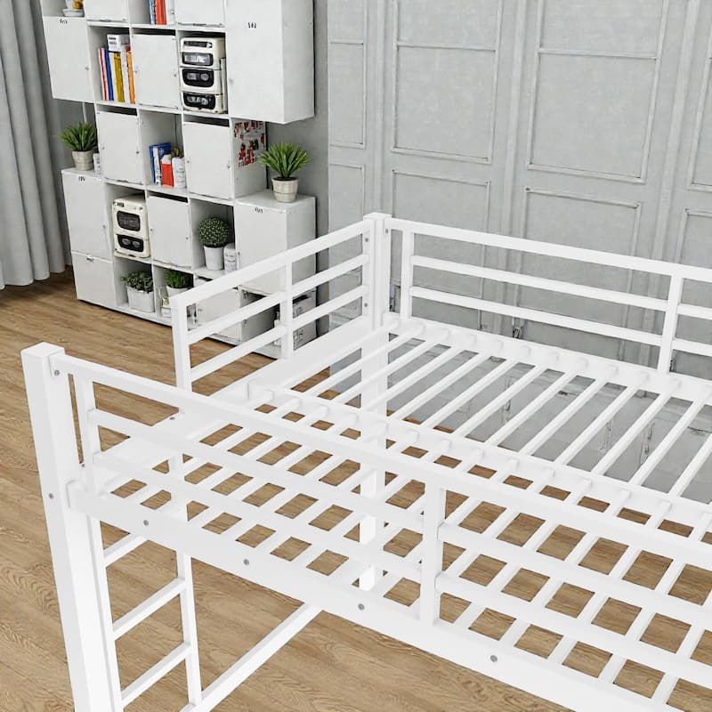 Metal Loft Bed with Dual Ladders and Guardrails, Space Saving Loft Bed for Dorm or Bedroom