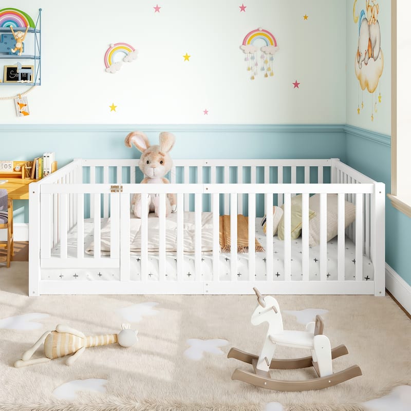 Montessori Floor Bed with Safety Guardrails & Door, Kids Low Profile Frame, Available in Queen/Full/Twin - White - Twin