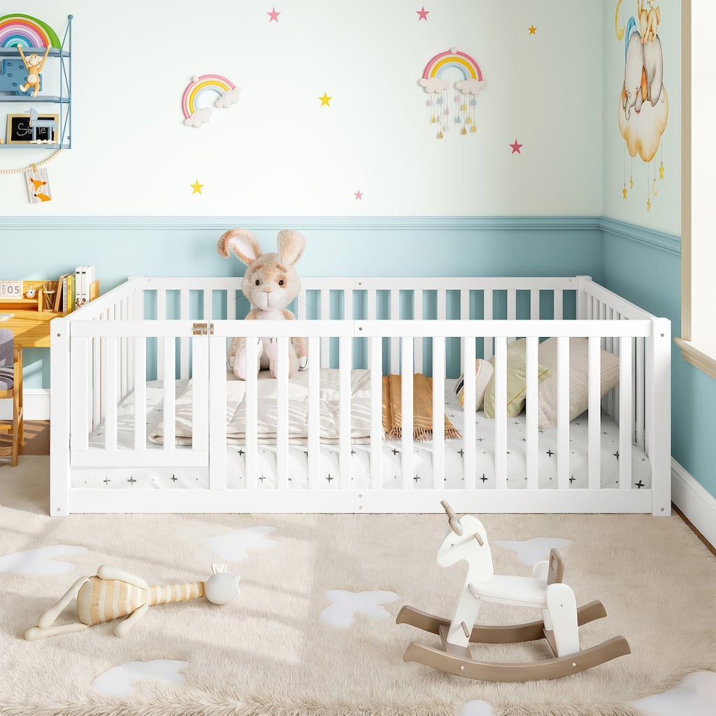 Twin Size Bed Floor Bed with Safety Guardrails and Door for Kids