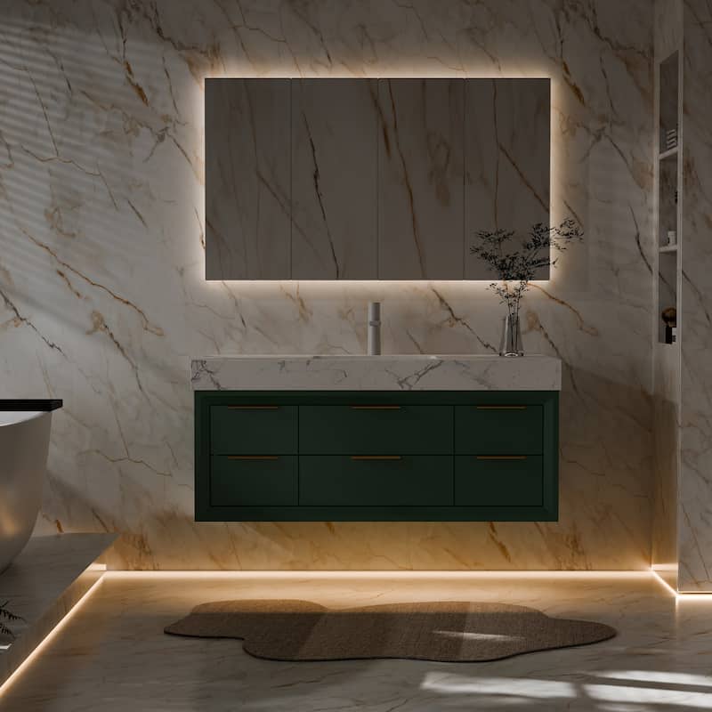 Modland 48" Modern Floating Bathroom Vanity with Single Sink, Soft-Close Drawers, White Stone Countertop