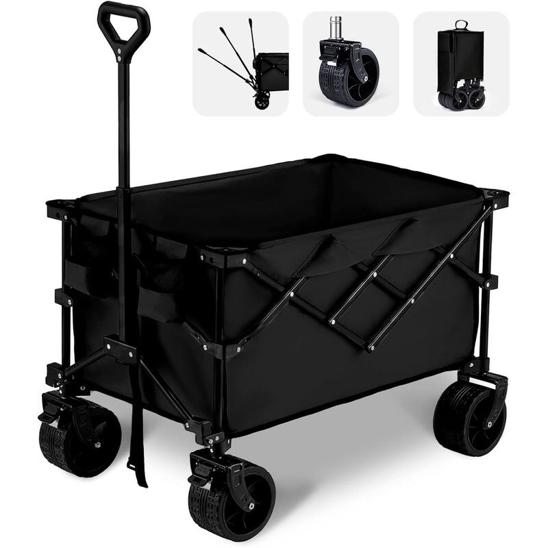 EROMMY Heavy Duty Folding Wagon Cart - All Terrain Collapsible Utility Wagon with Big Wheels, Brakes & Cup Holders for Camping - Black