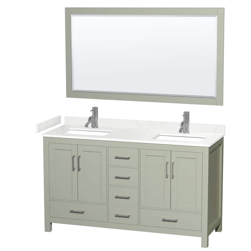Sheffield Bathroom Vanity Set, Cultured Top, 58-Inch Mirror - 60-Inch Double - Light Green, Carrara Cultured Marble Top,Nkl.Trim