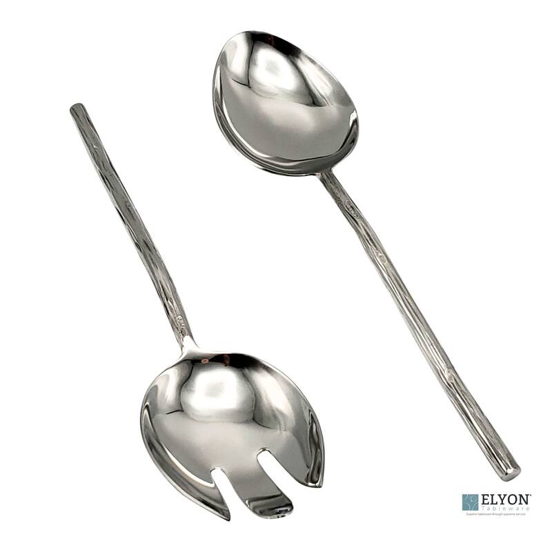 Elyon Twig Reflective Silver Salad Serving Set Indian Artisan-Made Hostess Set Hand-Forged Stainless Steel 2 Pieces