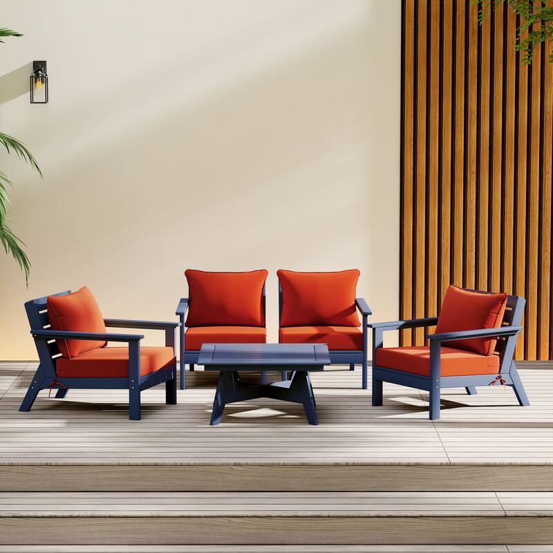 Birchwood All Weather HDPE Outdoor Patio Navy Blue Deep Seating Conversation Set (5-Piece Set) - Navy Blue/Orange