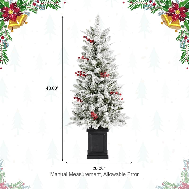 Glitzhome 4ft Pre-Lit Flocked Artificial Christmas Porch Tree with and Red Berries and 60 Warm White/Multi-color Lights