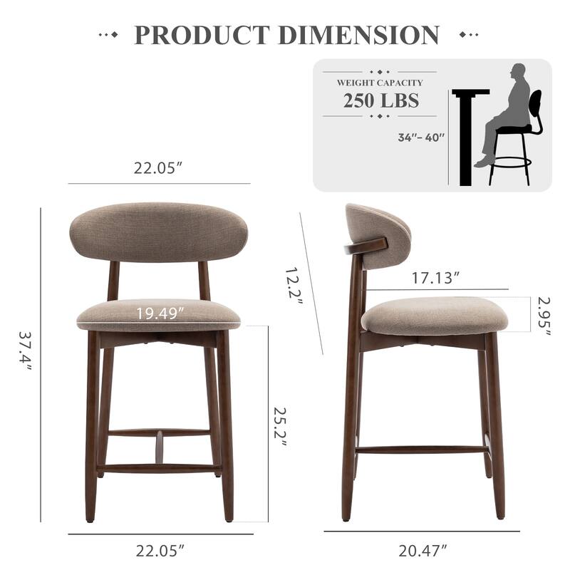Mid-Century Modern Upholstered Bar Stools with Backrest - Solid Wood Legs Counter Height Stools