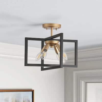Industrial Modern 4-Light Rectangular Semi Flush Mount Light with Black Metal Frame