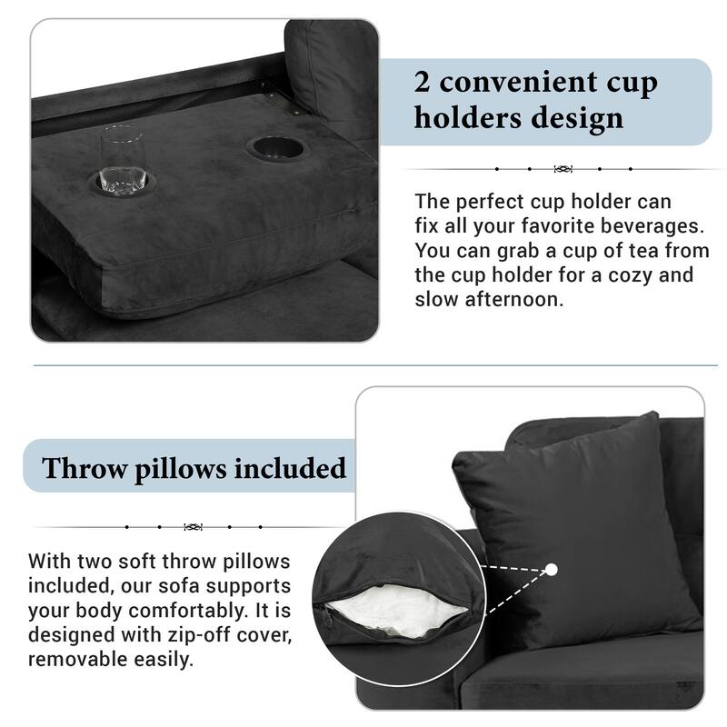 105" L-Shape Sofa with Storage Ottoman, 2 Pillows, Cup Holders, Reversible Chaise, Black Velvet, Living Room