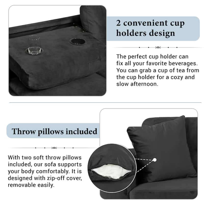 Roomfitters Sectional Sofa with Storage Ottoman, Reversible Chaise, Cup Holders and 2 Pillows for Living Room