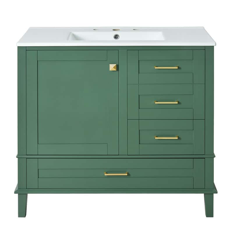 Contemporary 36-inch White Bathroom Vanity Cabinet with a Sturdy Pine Frame, 1 Soft Close Door and 3 Drawers. - Green