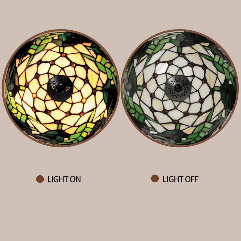 Kyemon 52-Inch Flushmount Lighted Ceiling Fan White Green Fronds Tiffany Glass Lamp Black Finish