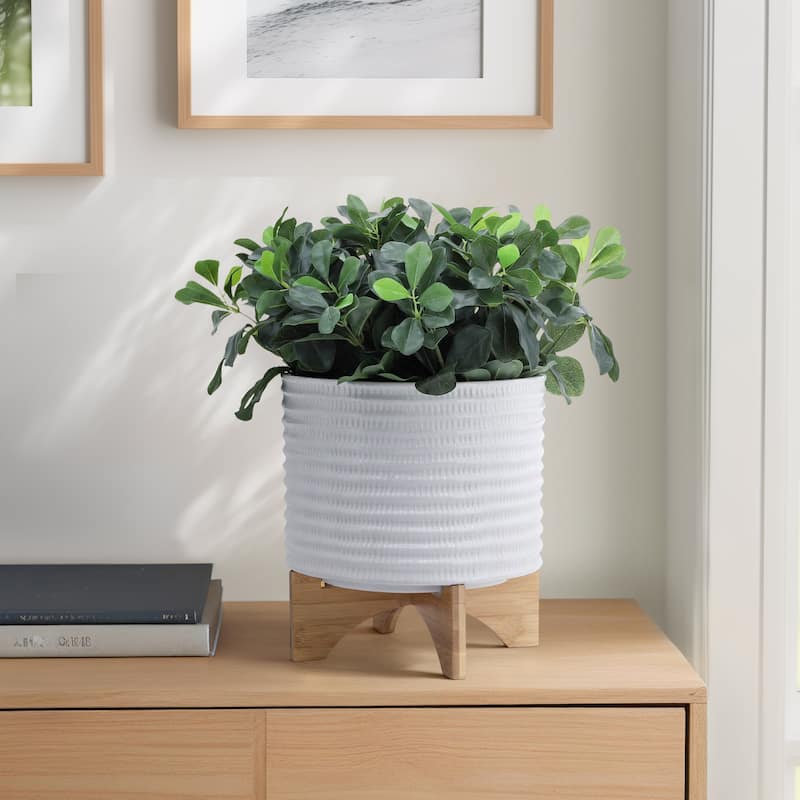 Sagebrook Home Neutral Modern Textured Ceramic Planter with Wood Stand