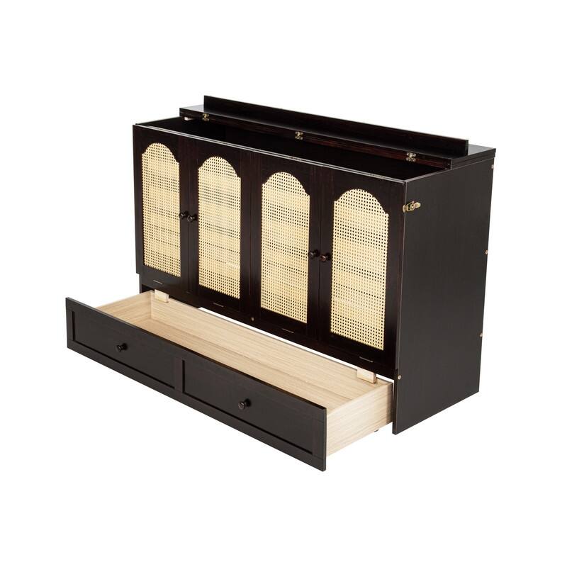 Murphy Bed Cabinet with Large Storage Drawer, Wood Hideaway Wall Bed Frame with USB Ports, Rattan Decoration Panel