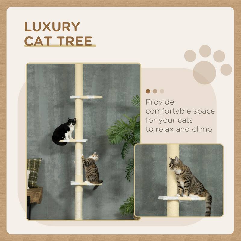4-Tier Tall Cat Tower, Floor to Ceiling Cat Tree, Height Adjustable 87 - 103 Inch with Plush Platforms, Sisal Scratching Posts