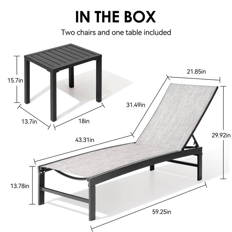 3-Piece Outdoor Loungers Patio Chaise Lounge Chairs Set with Side Table