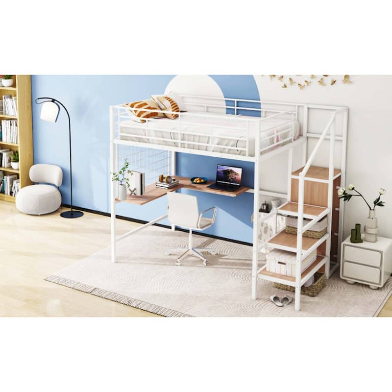 Metal Loft Bed with Desk ,Storage Ladder & Wardrobe