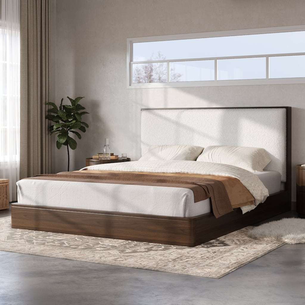 Christopher Knight Home - Hartwell Wooden Platform Bed Frame with Bouclé Upholstered Headboard and Wood Slat Support
