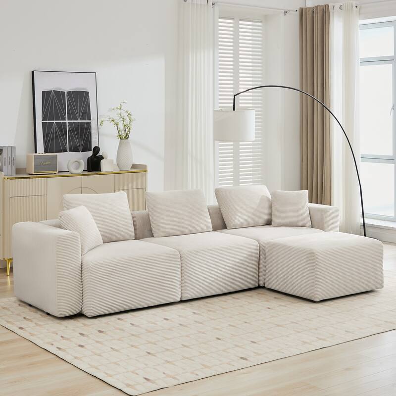 Corduroy Sectional Modular Sofa with Square Arms & Ottoman Extension for Flexible Arrangements