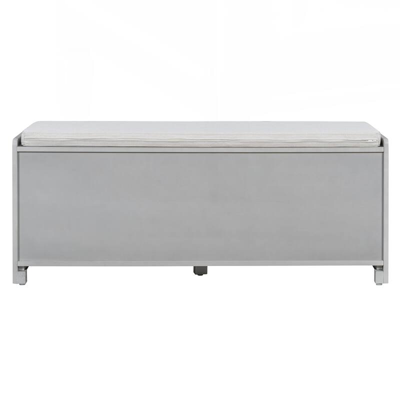 Rustic Storage Bench Multifunctional Wood Entryway Shoe Bench with Removable Cushion, Woven Rattan Doors & Adjustable Shelves