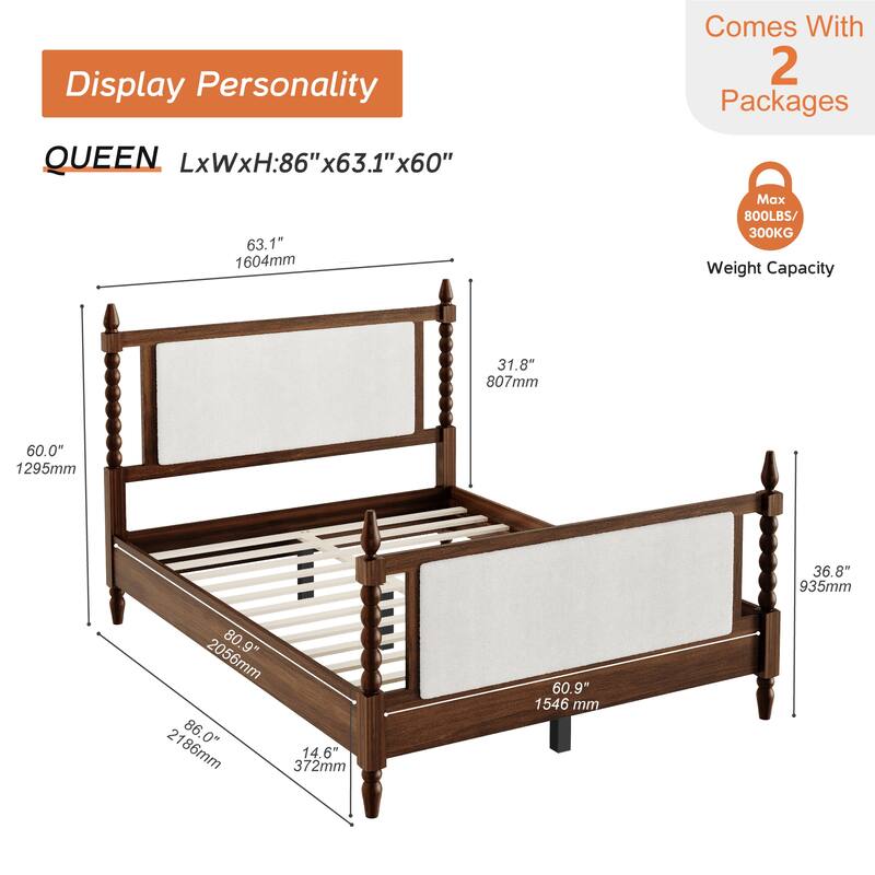 WAMPAT Solid Wood Queen 4-Poster Bed – Vintage Upholstered Headboard & Footboard, No Box Spring Needed, Walnut