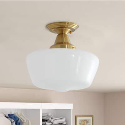 Vintage Gold 1-Light White Glass Semi Flush Mount Lighting Fixture