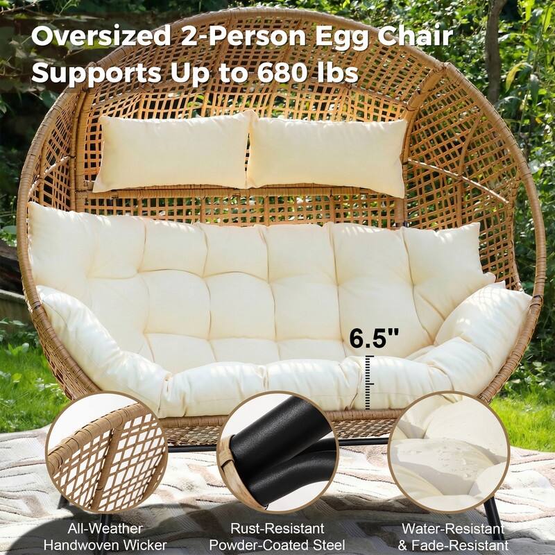 7-Piece Outdoor Boho Patio Furniture Set with Double Egg Chair, Wicker Sectional Conversation Set with Coffee Tables and Cushio