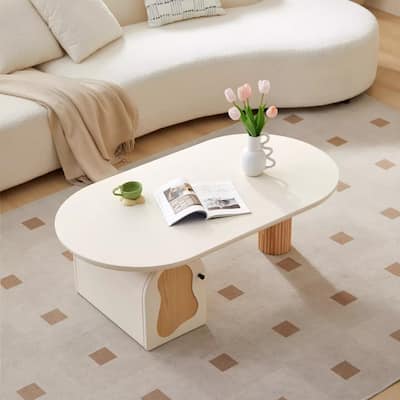 Contemporary White Oval Coffee Table with Wooden Accents