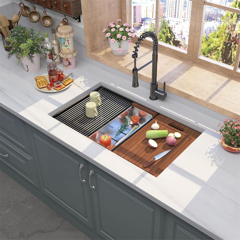 32" Gunmetal Black Undermount Workstation Sink - 16 Gauge Stainless Steel, 19" x 10" Deep, Handmade R10 Design with Accessories