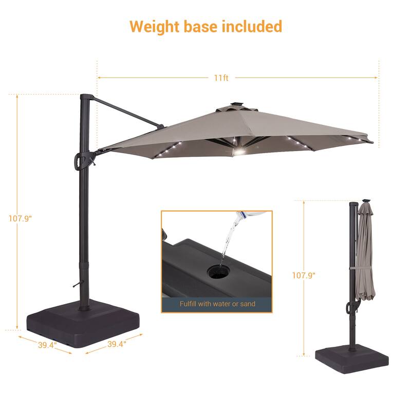LIVOOSUN 11Ft LED Patio Hanging Octagon Cantilever Umbrella with 360-degree Rotating Canopy