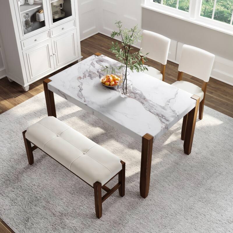 4-Piece Modern Dining Furniture Set, 46" Faux Marble Style Table and 2 Upholstered Chairs & Bench with Wood Legs - Off White