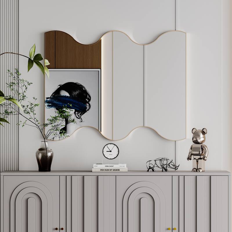30x35 Inch Black Rectangular Framed Mirror with 2 Wavy Sides