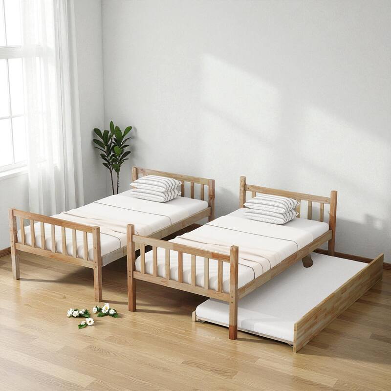 Twin Over Twin Rubber Wood Bunk Bed with Trundle, Convertible into Twin Beds, Ladder and Safety Guardrails