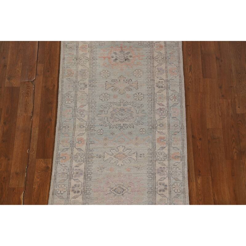 Hand Knotted Oriental 100% Wool Carpet Transitional Geometric Navy Blue & Blues Oushak Runner Rug - 9' 4'' X 2' 4''