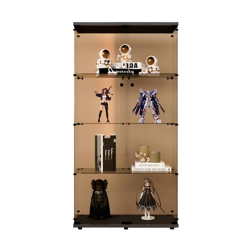 Two-door Tawny Glass Display Cabinet 4 Shelves with Door, Floor Standing Curio Bookshelf - Black