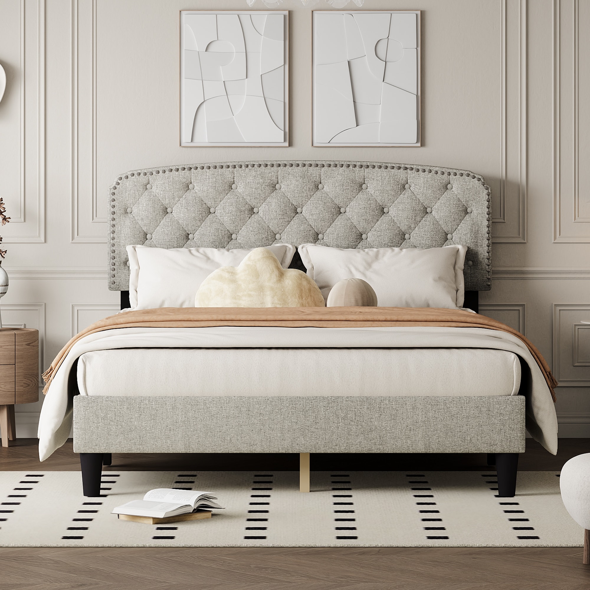 Cream White Queen Linen Upholstered Bed with Adjustable Button tufted Headboard